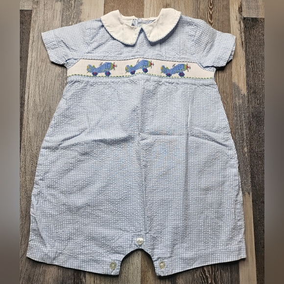 Viva La Fete Airplanes Smocked Blue Mini Checked Short Sleeve Boy's Bubble 24 M - Picture 1 of 7